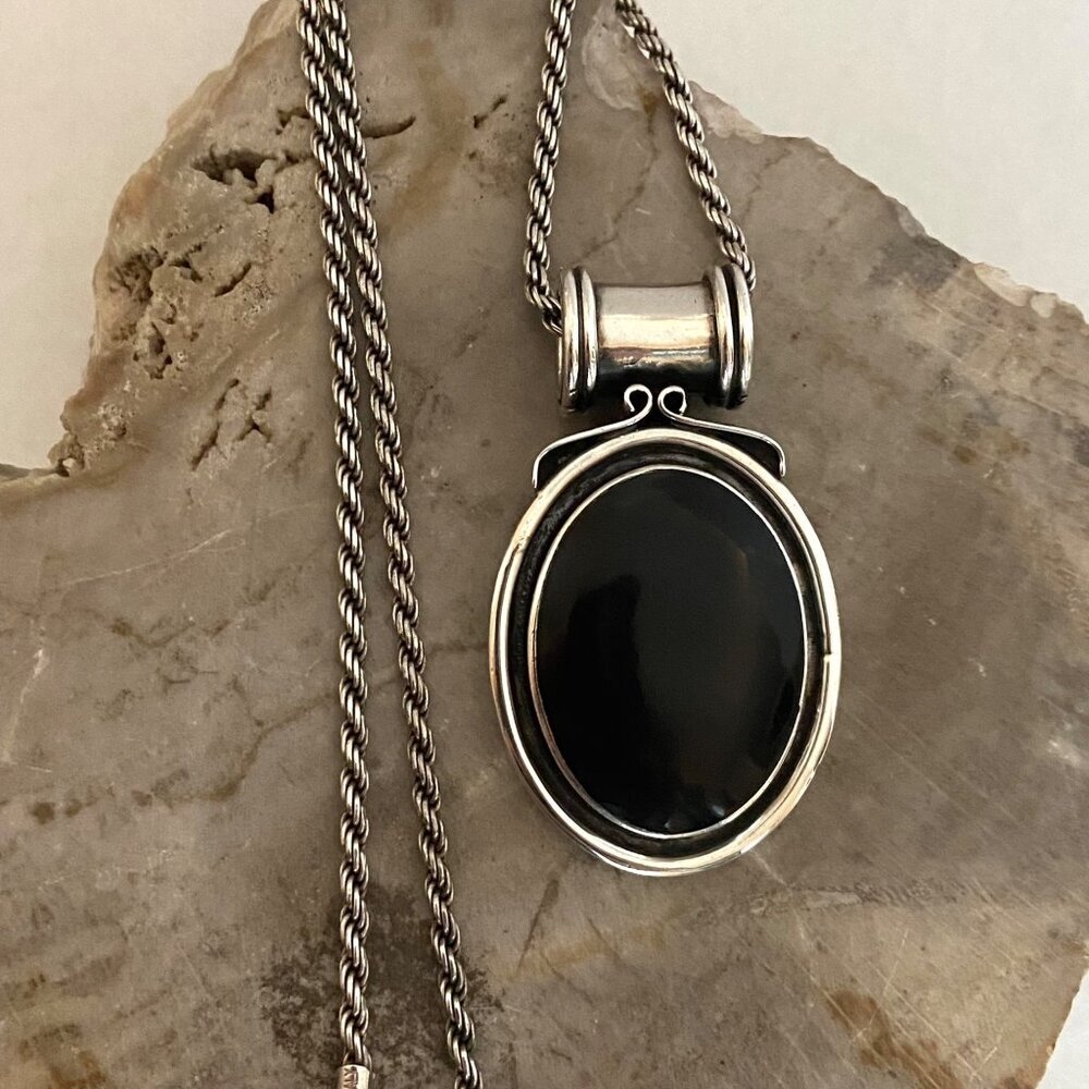 Sterling Silver 925 2" Chunky Oval Black Onyx Pendant Necklace 18" Rope Chain - Picture 3 of 16